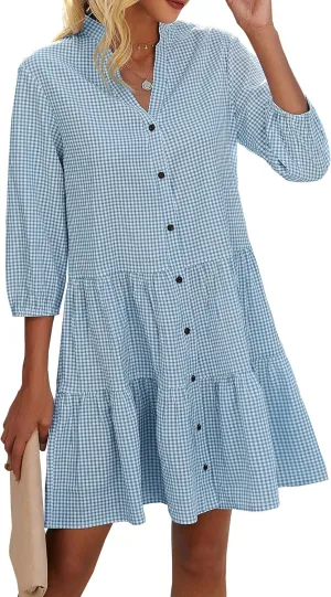 CCTOO Women's Summer Dresses Casual V Neck Button Down 3/4 Sleeve Floral Print Loose Flowy Shirt Dress