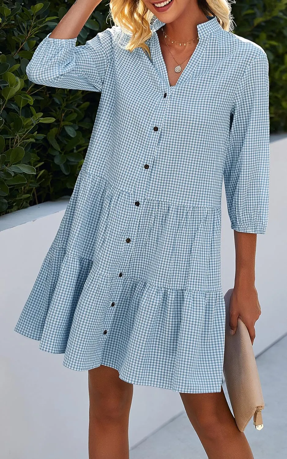 CCTOO Women's Summer Dresses Casual V Neck Button Down 3/4 Sleeve Floral Print Loose Flowy Shirt Dress