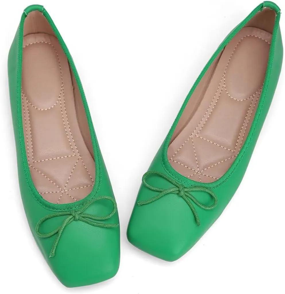 ChaiRong Zhou Women Square Toe Pu Leather Ballet Flats with Cute Bowknot Elegant Slip on Soft Support Daily Dress Office Driving Shoes
