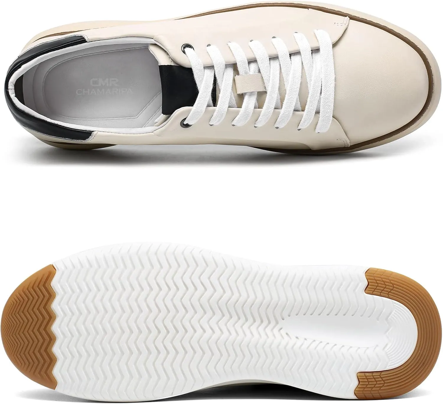 CHAMARIPA Hidden Heel Premium Leather Height Increase Low-Top Skate Shoes Men's Invisible Height Increasing Elevator Casual Fashion Sneaker