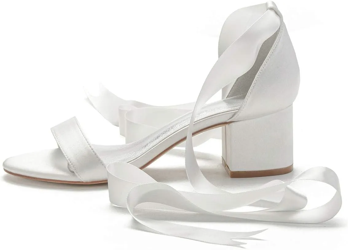 Charmstep Women Block Heeled Wedding Sandals Pumps Satin Ribbon Tie Up Open Toe Bridal Bridesmaid Shoes 702-3