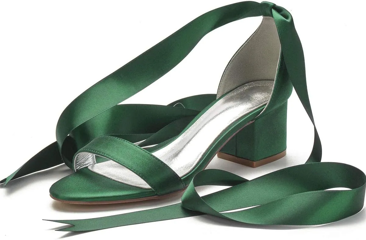 Charmstep Women Block Heeled Wedding Sandals Pumps Satin Ribbon Tie Up Open Toe Bridal Bridesmaid Shoes 702-3