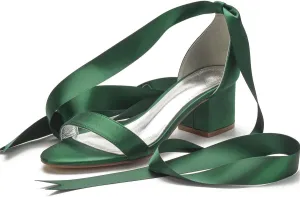 Charmstep Women Block Heeled Wedding Sandals Pumps Satin Ribbon Tie Up Open Toe Bridal Bridesmaid Shoes 702-3
