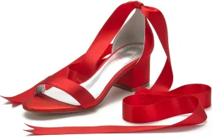 Charmstep Women Block Heeled Wedding Sandals Pumps Satin Ribbon Tie Up Open Toe Bridal Bridesmaid Shoes 702-3