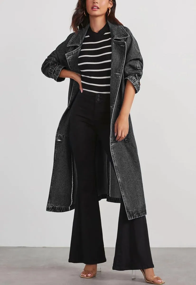 chouyatou Women's Vintage Midi Long Jean Jacket Loose Fit Double Breasted Denim Jacket Trench Coat with Belt
