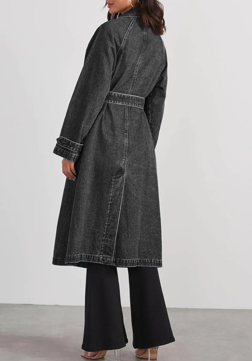 chouyatou Women's Vintage Midi Long Jean Jacket Loose Fit Double Breasted Denim Jacket Trench Coat with Belt