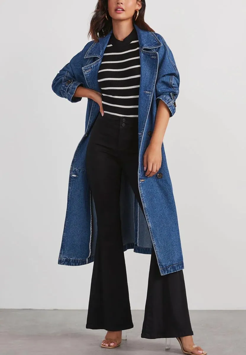 chouyatou Women's Vintage Midi Long Jean Jacket Loose Fit Double Breasted Denim Jacket Trench Coat with Belt