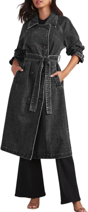 chouyatou Women's Vintage Midi Long Jean Jacket Loose Fit Double Breasted Denim Jacket Trench Coat with Belt