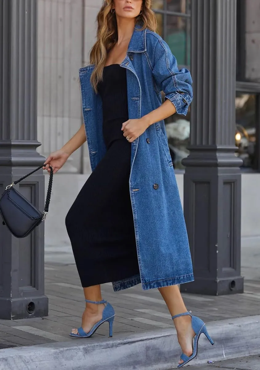 chouyatou Women's Vintage Midi Long Jean Jacket Loose Fit Double Breasted Denim Jacket Trench Coat with Belt