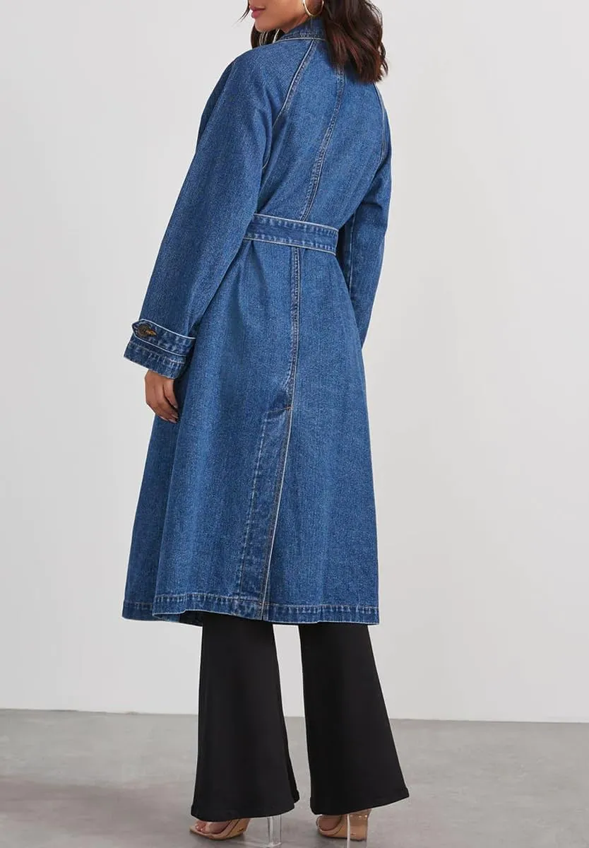 chouyatou Women's Vintage Midi Long Jean Jacket Loose Fit Double Breasted Denim Jacket Trench Coat with Belt