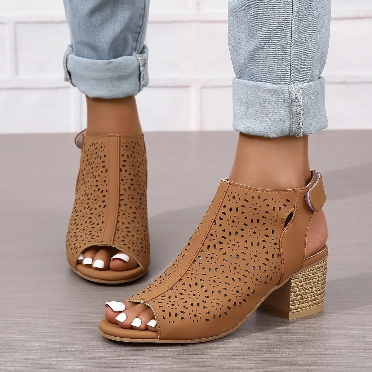 Chunky Heels for Women Dressy Open Toe Cut Out Block Heeled Sandal Booties Geometric Laser Cutout Ankle Strap Sandal Elegant Wedding Going Out Sandals Breathable Comfortable Lightweight Fashion Shoes