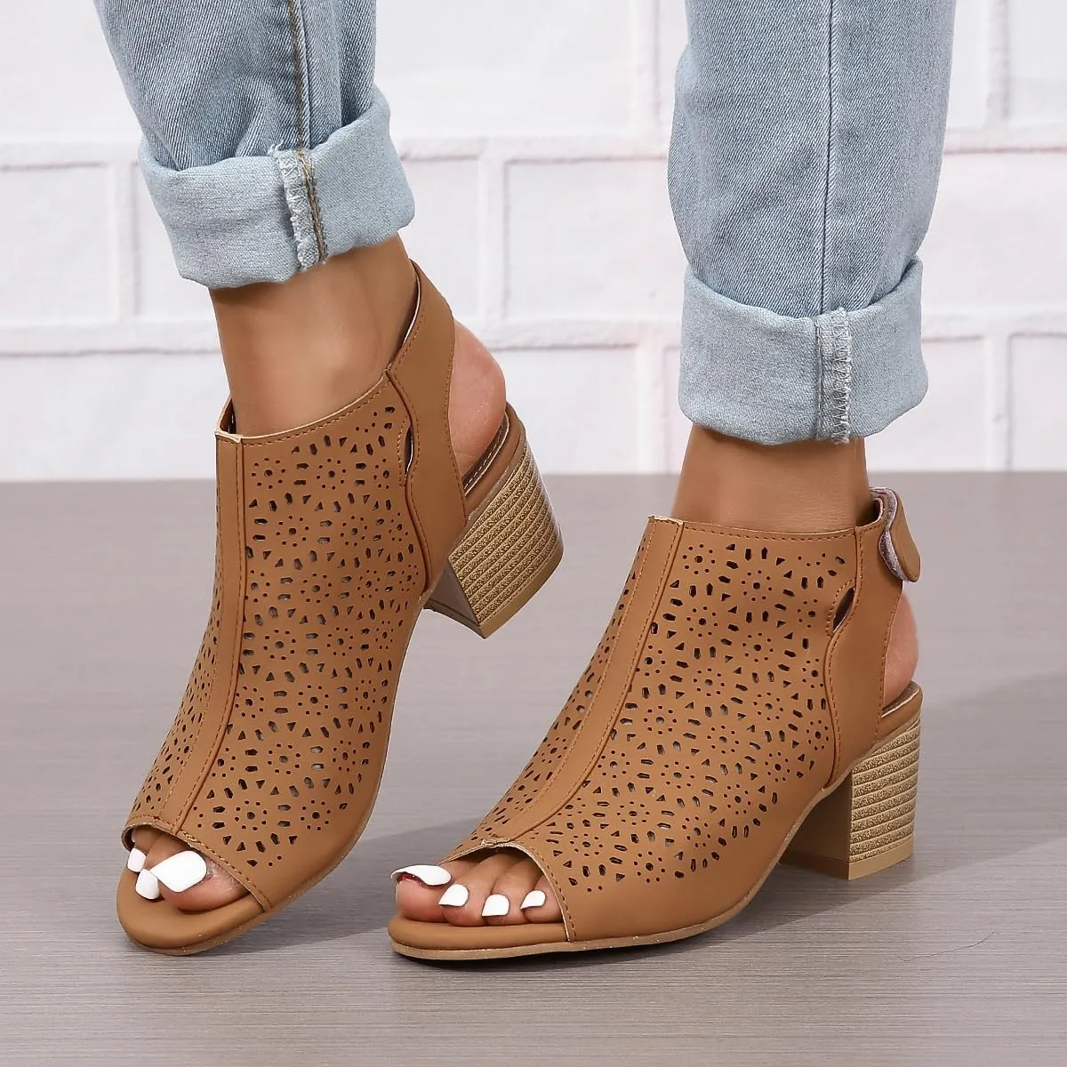 Chunky Heels for Women Dressy Open Toe Cut Out Block Heeled Sandal Booties Geometric Laser Cutout Ankle Strap Sandal Elegant Wedding Going Out Sandals Breathable Comfortable Lightweight Fashion Shoes