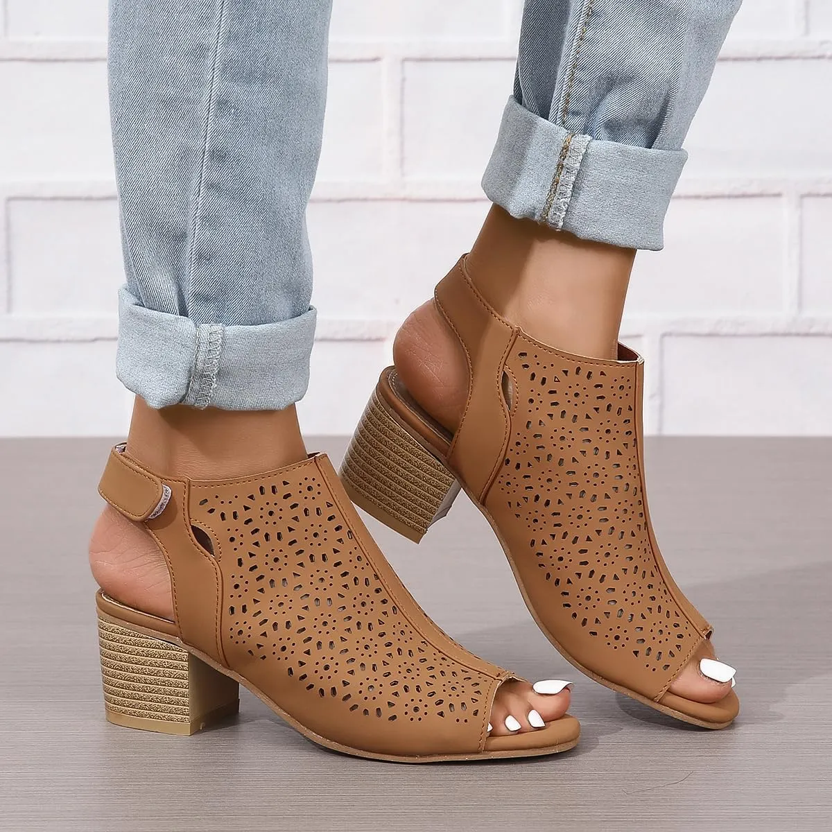 Chunky Heels for Women Dressy Open Toe Cut Out Block Heeled Sandal Booties Geometric Laser Cutout Ankle Strap Sandal Elegant Wedding Going Out Sandals Breathable Comfortable Lightweight Fashion Shoes