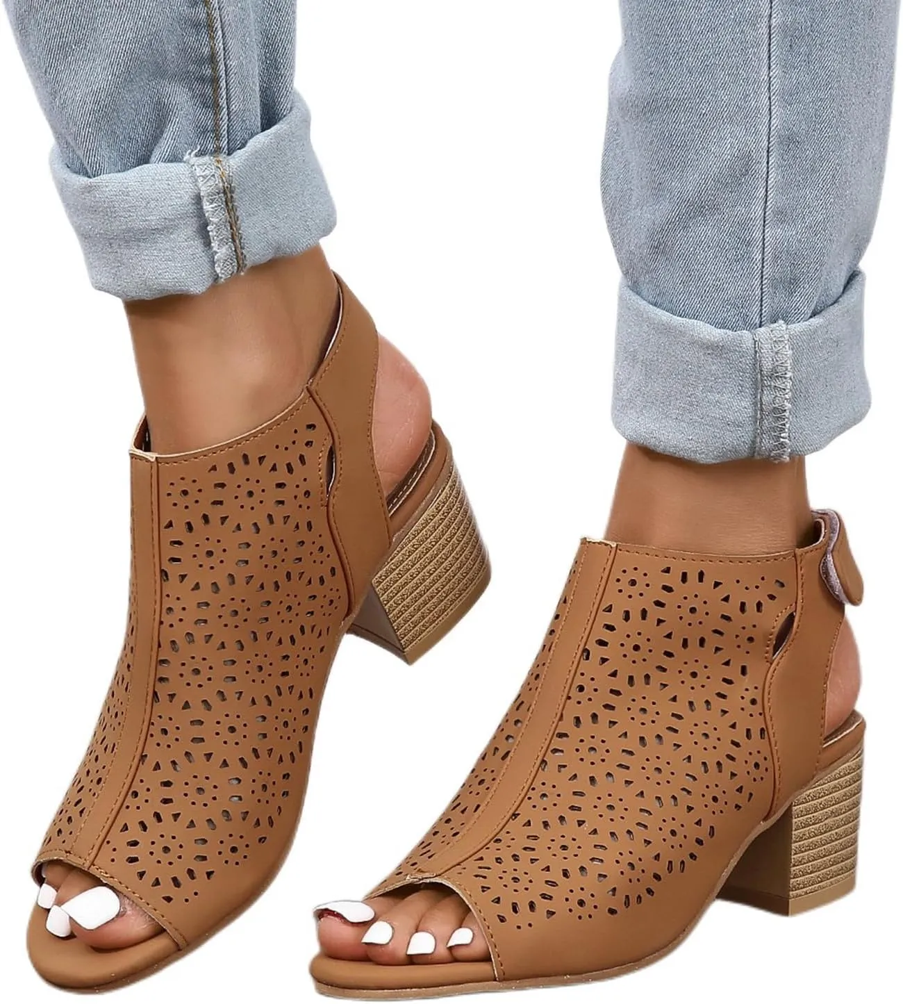 Chunky Heels for Women Dressy Open Toe Cut Out Block Heeled Sandal Booties Geometric Laser Cutout Ankle Strap Sandal Elegant Wedding Going Out Sandals Breathable Comfortable Lightweight Fashion Shoes