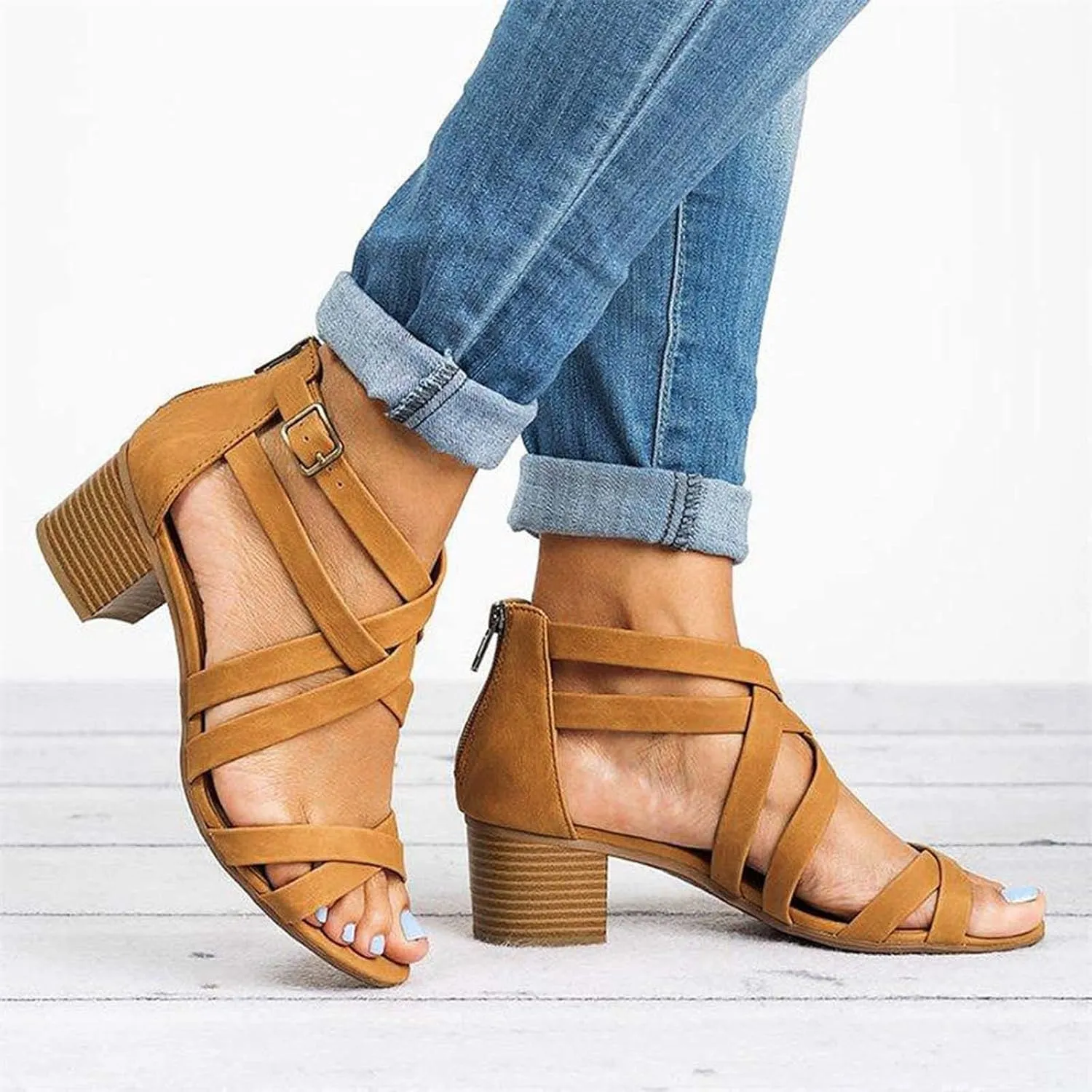 Chunky Heels Sandals for Women Summer Fashion Strappy Back Zipper Block High Heel Shoes Dressy Casual Ankle Straps Buckle Ladies Stacked Heel Shoes