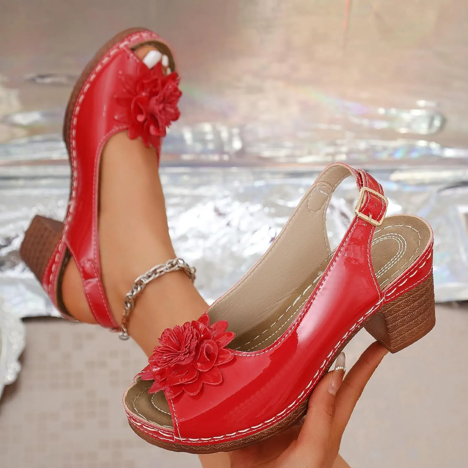 Chunky Sandals for Women Comfortable Dressy Peep Toe Slingback Adjustable Back Strap Wedge Sandal with Flower Fishmouth Comfy Low Block Chunky Heels Sandals Walking Beach Wedding Work Sandal