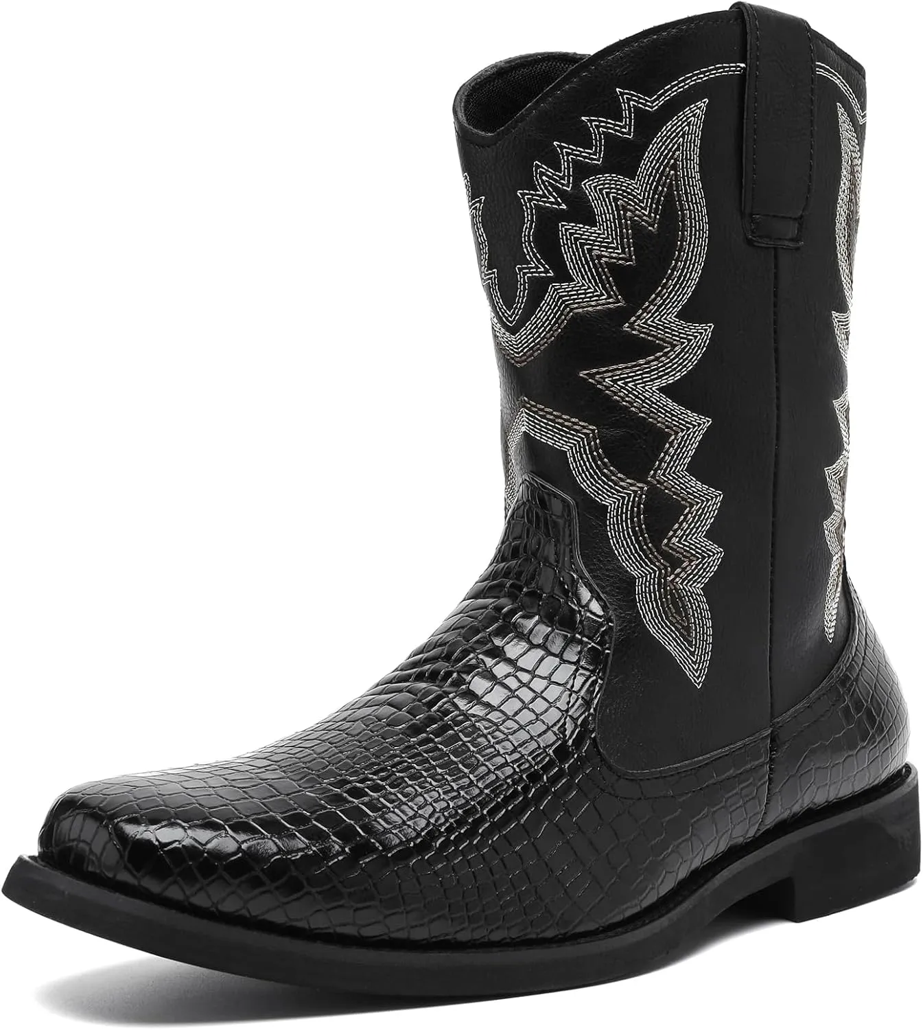 CHUUMEE Cowboy Boots for Men Western Boot Fashion Crocodile Pattern Square Toe Side Zipper Leather Mid-Calf Boots