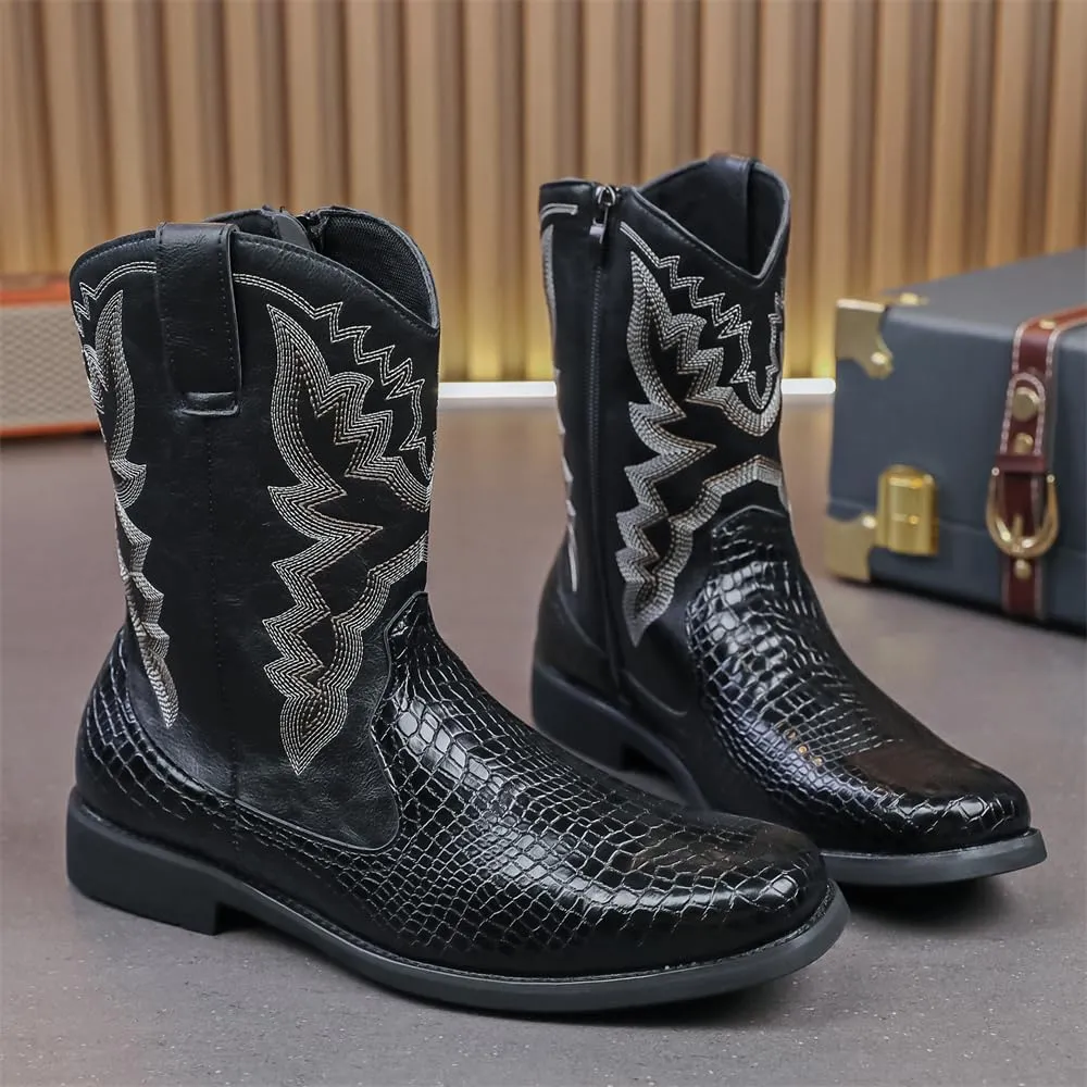 CHUUMEE Cowboy Boots for Men Western Boot Fashion Crocodile Pattern Square Toe Side Zipper Leather Mid-Calf Boots