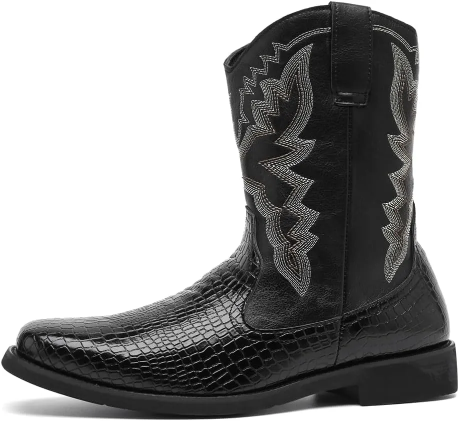 CHUUMEE Cowboy Boots for Men Western Boot Fashion Crocodile Pattern Square Toe Side Zipper Leather Mid-Calf Boots