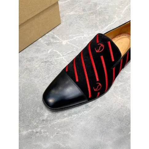CL Men Loafers Stripe Logo Embroidery Velvet Black Red