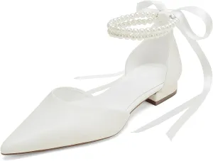 Closed Toe Pearl Wedding Flats Shoes for Bride with Bow Pointed Toe Bridal Flats Evening Prom Party Dress Shoes Pumps for Women