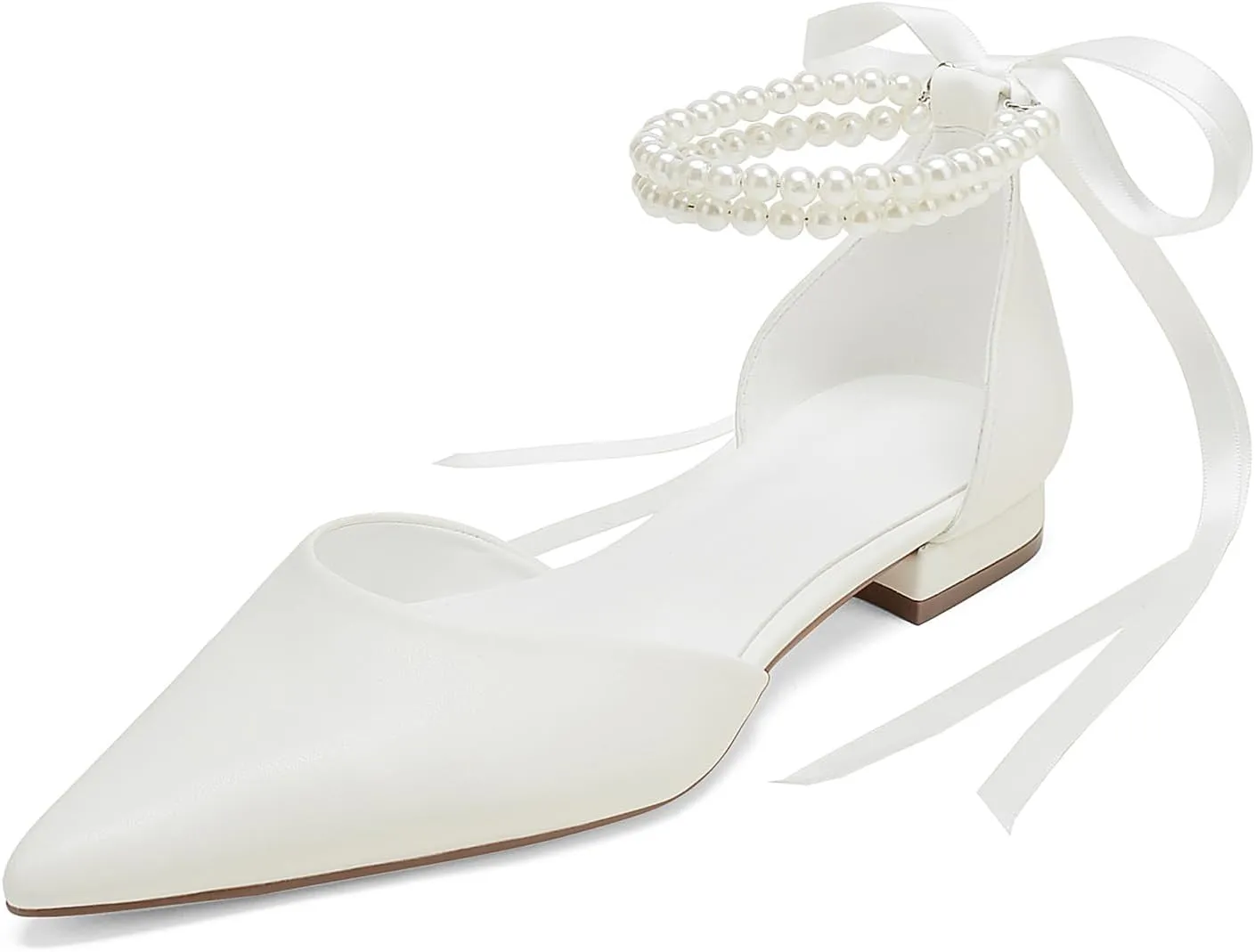 Closed Toe Pearl Wedding Flats Shoes for Bride with Bow Pointed Toe Bridal Flats Evening Prom Party Dress Shoes Pumps for Women