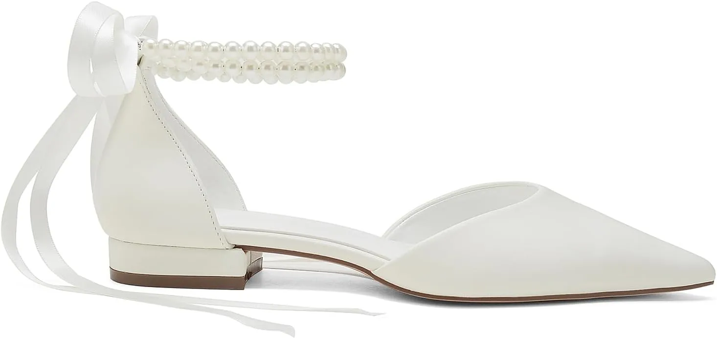 Closed Toe Pearl Wedding Flats Shoes for Bride with Bow Pointed Toe Bridal Flats Evening Prom Party Dress Shoes Pumps for Women