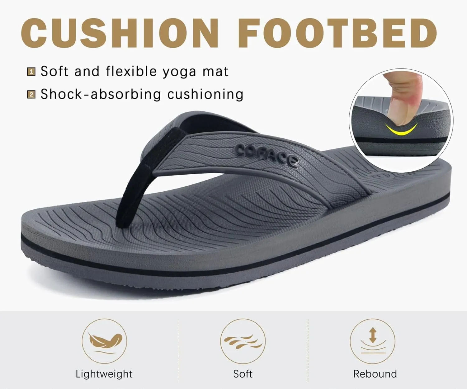 COFACE Men's Flip Flops Comfortable Yoga Mat Cushion Thong Sandals with Arch Support Casual Summer Beach Slides For Man, Size 7~15