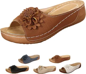Comfortable Non-slip Solid Color Open-Toe Wedge Sandals for Women, Summer Orthopedic Platform Leather Wedge Arch Support Slip on Shoes Comfy Slides Flat Beach Sandals