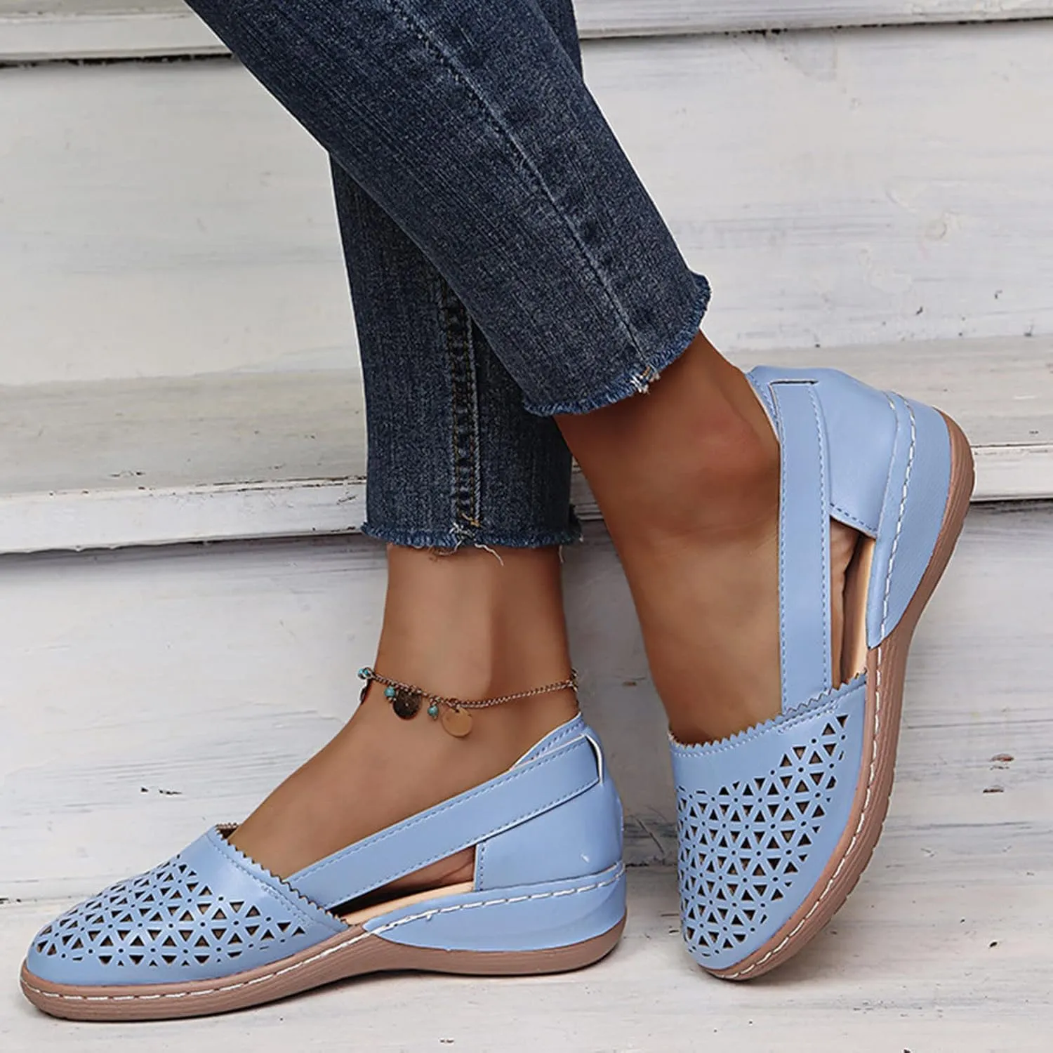Comfortable Platform Sandals for Women Solid Round Head Closed Toe Hollow Out Breathable Slip-on Casual Shoes Summer Lightweight Wedge Sandalias