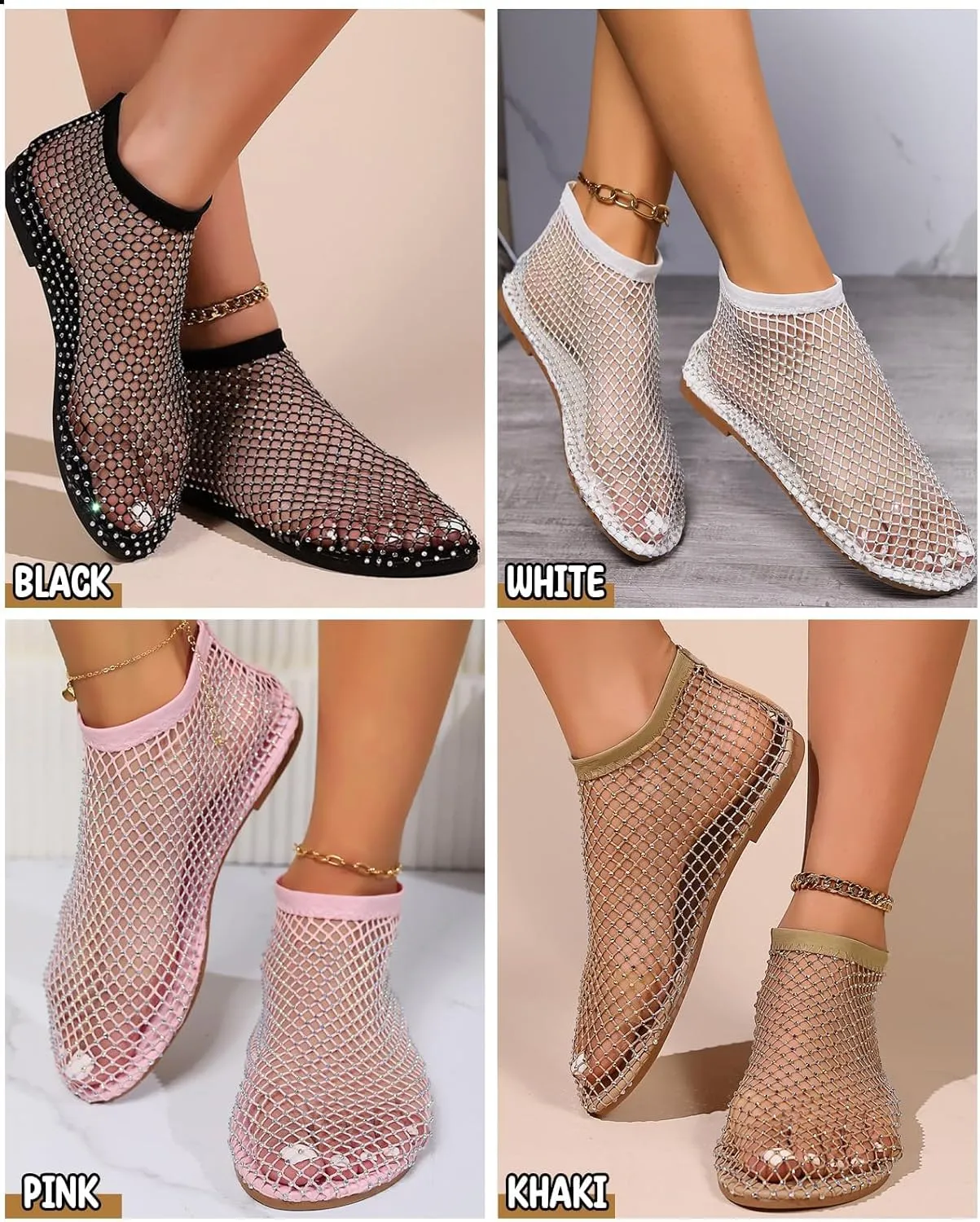 Comfortable Shiny Gem Mesh Flats,Ballet Flats for Women Sandals Women Dressy Summer Flat Shoes Slip On Sandals,Sexy Flat Cutout Sparkly Casual Wedding Dress Flats,Rhinestone Short Boots