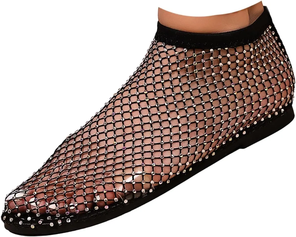 Comfortable Shiny Gem Mesh Flats,Ballet Flats for Women Sandals Women Dressy Summer Flat Shoes Slip On Sandals,Sexy Flat Cutout Sparkly Casual Wedding Dress Flats,Rhinestone Short Boots