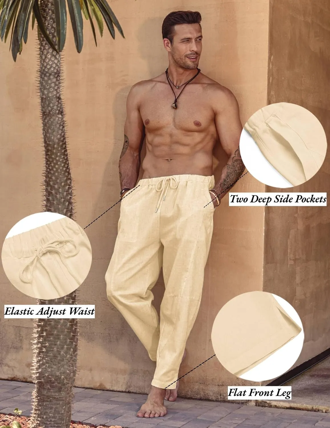 COOFANDY Men's Linen Harem Drawstring Pants Casual Elastic Waist Lightweight Trouser Hippie Summer Beach Yoga Pants