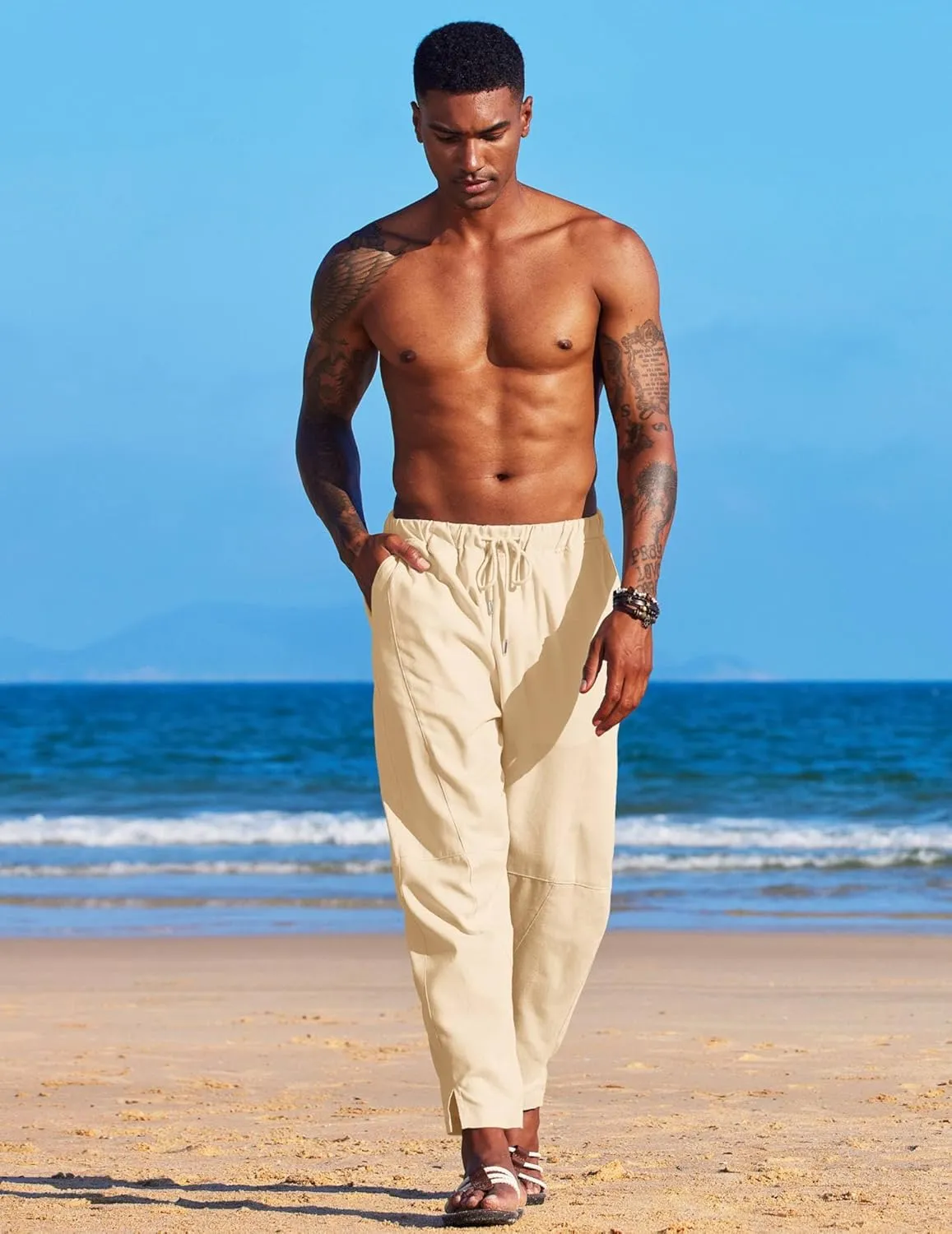 COOFANDY Men's Linen Harem Drawstring Pants Casual Elastic Waist Lightweight Trouser Hippie Summer Beach Yoga Pants