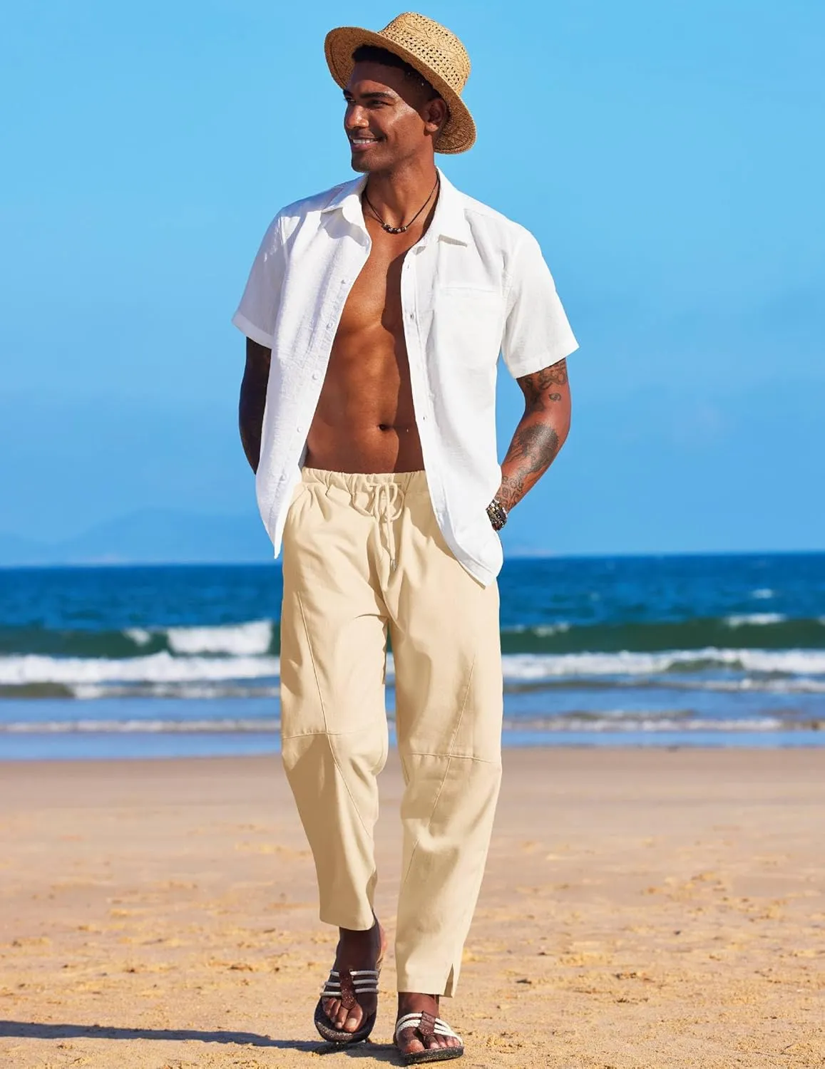 COOFANDY Men's Linen Harem Drawstring Pants Casual Elastic Waist Lightweight Trouser Hippie Summer Beach Yoga Pants