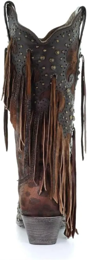 CORRAL Women's A3618 13" Leopard Stud and Fringe Snip Toe Handmade Pull-On Fashionable Leather Western Cowboy/Cowgirl Boots