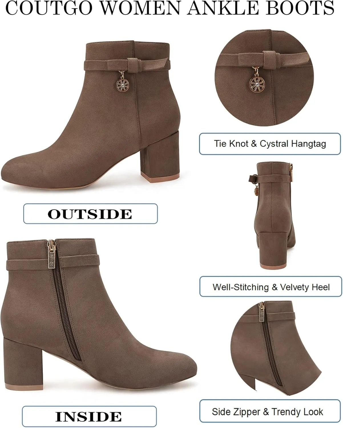 Coutgo Women's Ankle Boots Chunky Block Low Heel Vintage Tie Knot Booties Shoes with Side Zipper