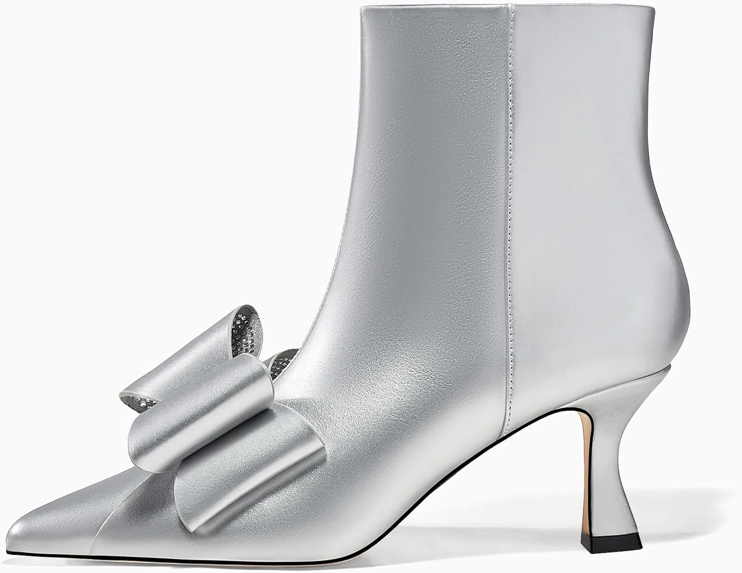 Coutgo Womens Low Kitten Heel Ankle Boots Rhinestone Bow Pointed Toe Side Zipper Dress Fall Booties Shoes