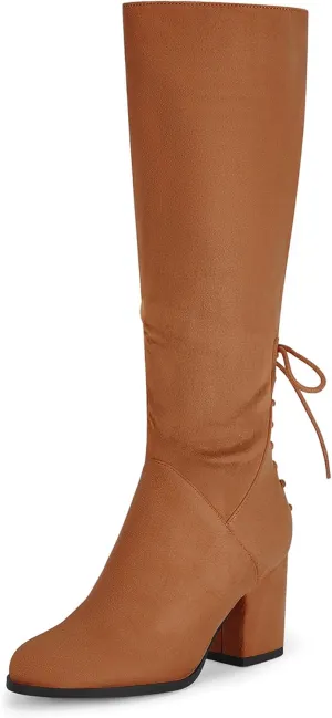 Coutgo Womens Wide Calf Knee High Boots Chunky Block Heel Round Toe Back Straps Side Zipper Winter Dress Boots