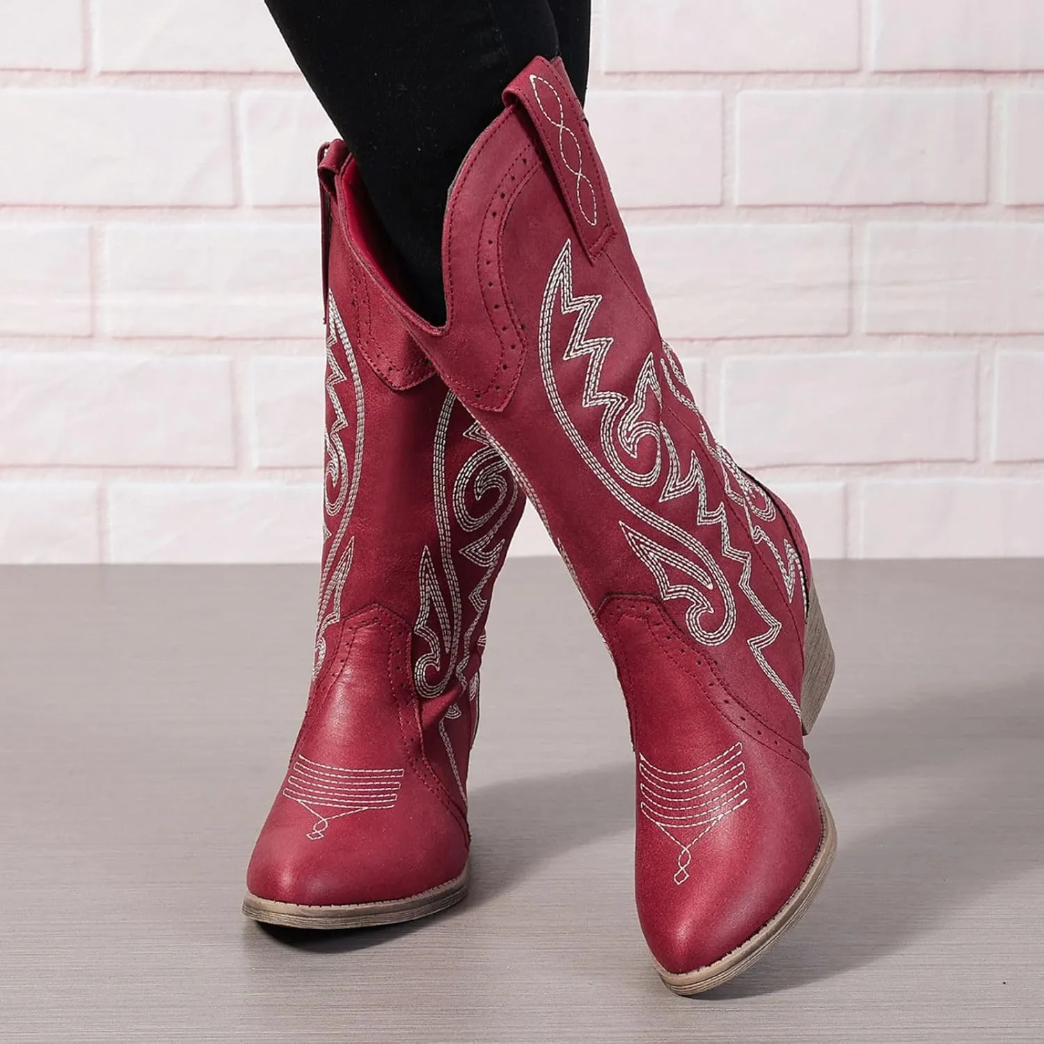 Cowboy Boots for Women Wide Calf Cowgirl Boots Pointed Toe Embroidery Stitched Fashion Western Boot Mid-Calf with Pull-on Tabs, US Size 5-11
