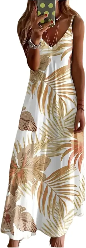 COZYEASE Women's Boho Tropical Print Cami Dress Sleeveless Straight Loose Maxi Dress