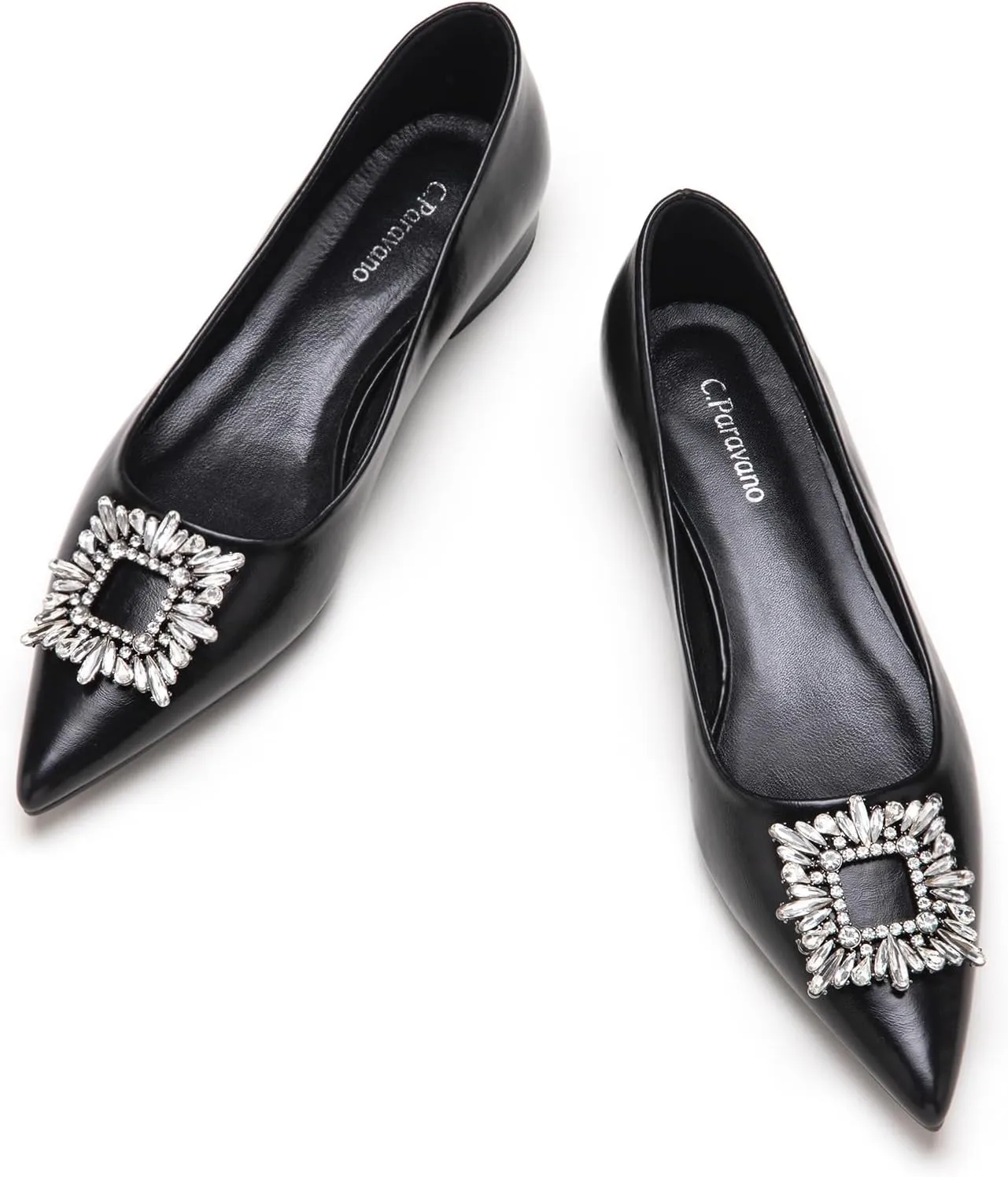 C.Paravano Women's Crystal Buckle Ballet Flats - Pointed Toe Slip On Dressy Shoes