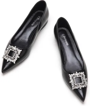 C.Paravano Women's Crystal Buckle Ballet Flats - Pointed Toe Slip On Dressy Shoes