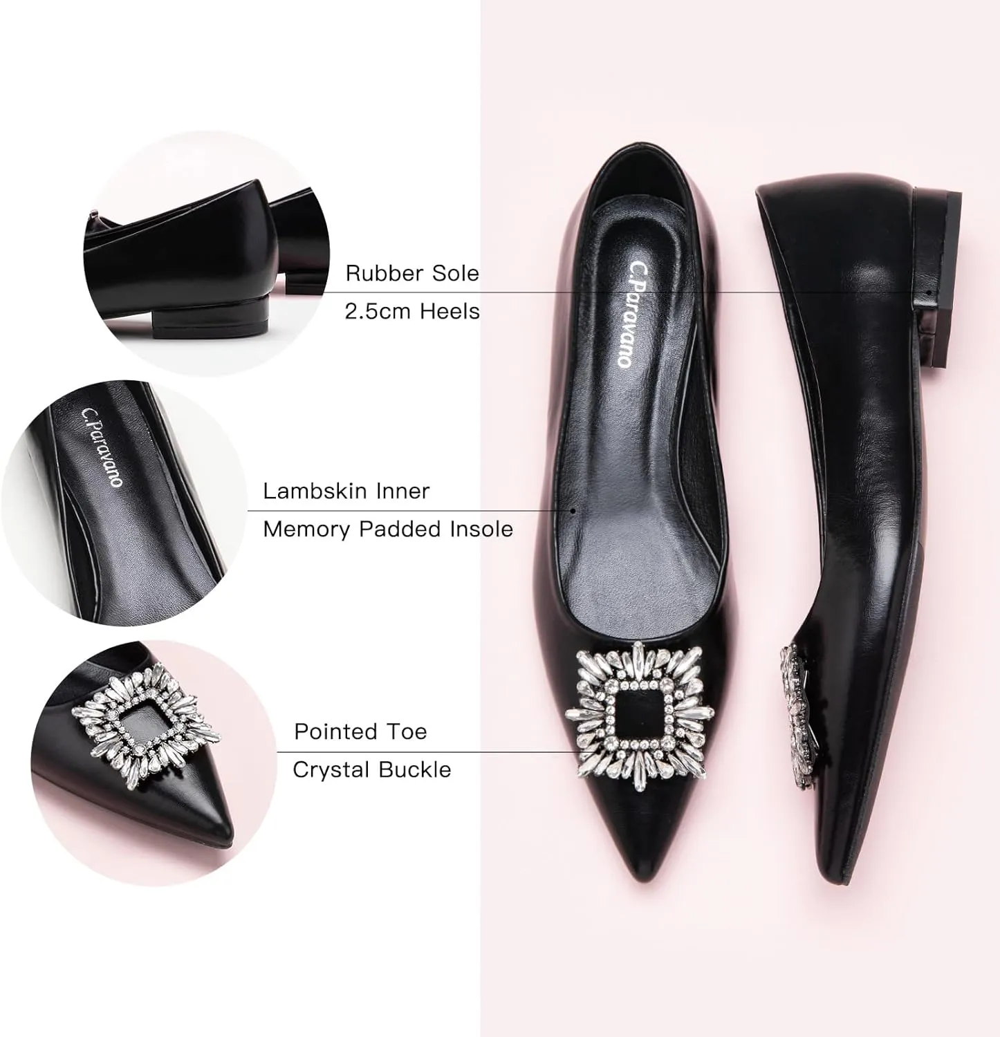 C.Paravano Women's Crystal Buckle Ballet Flats - Pointed Toe Slip On Dressy Shoes