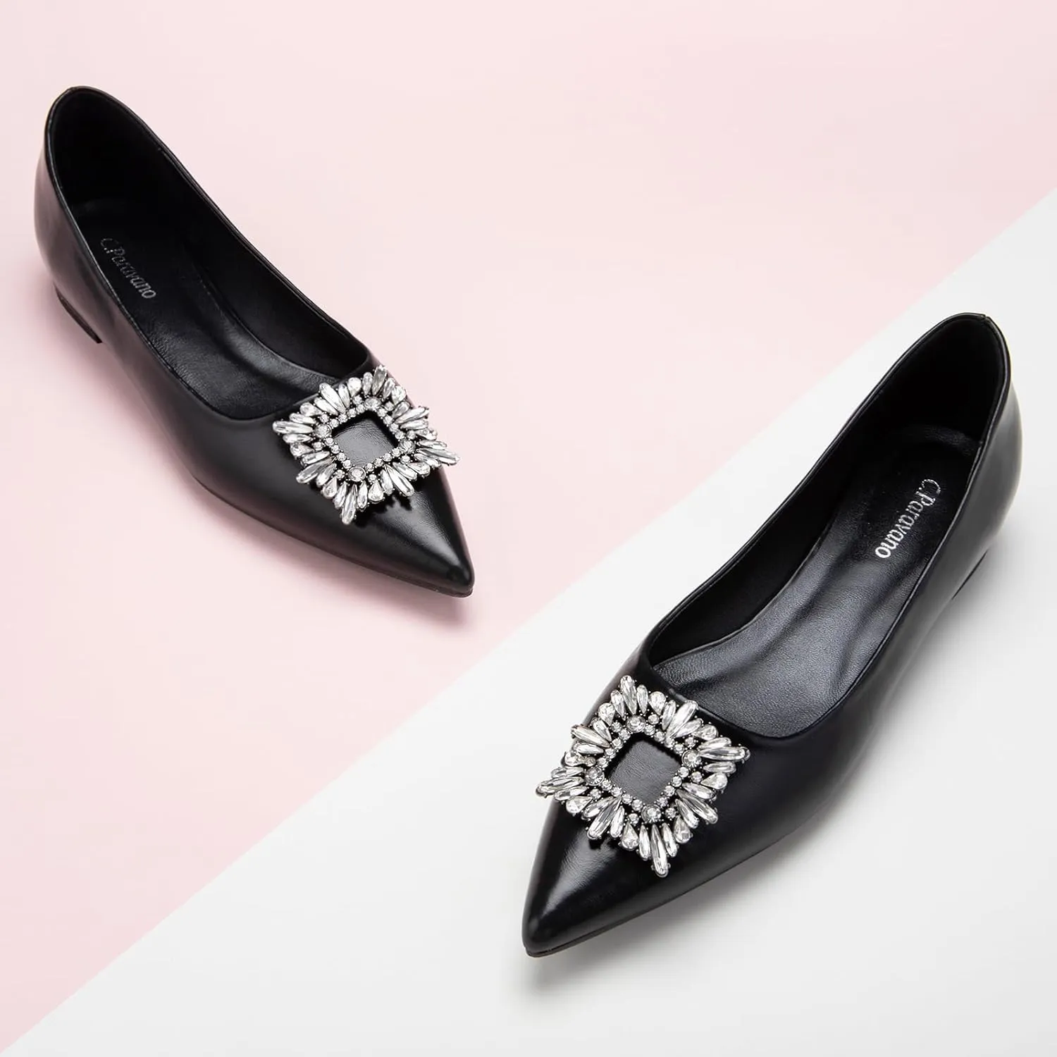 C.Paravano Women's Crystal Buckle Ballet Flats - Pointed Toe Slip On Dressy Shoes