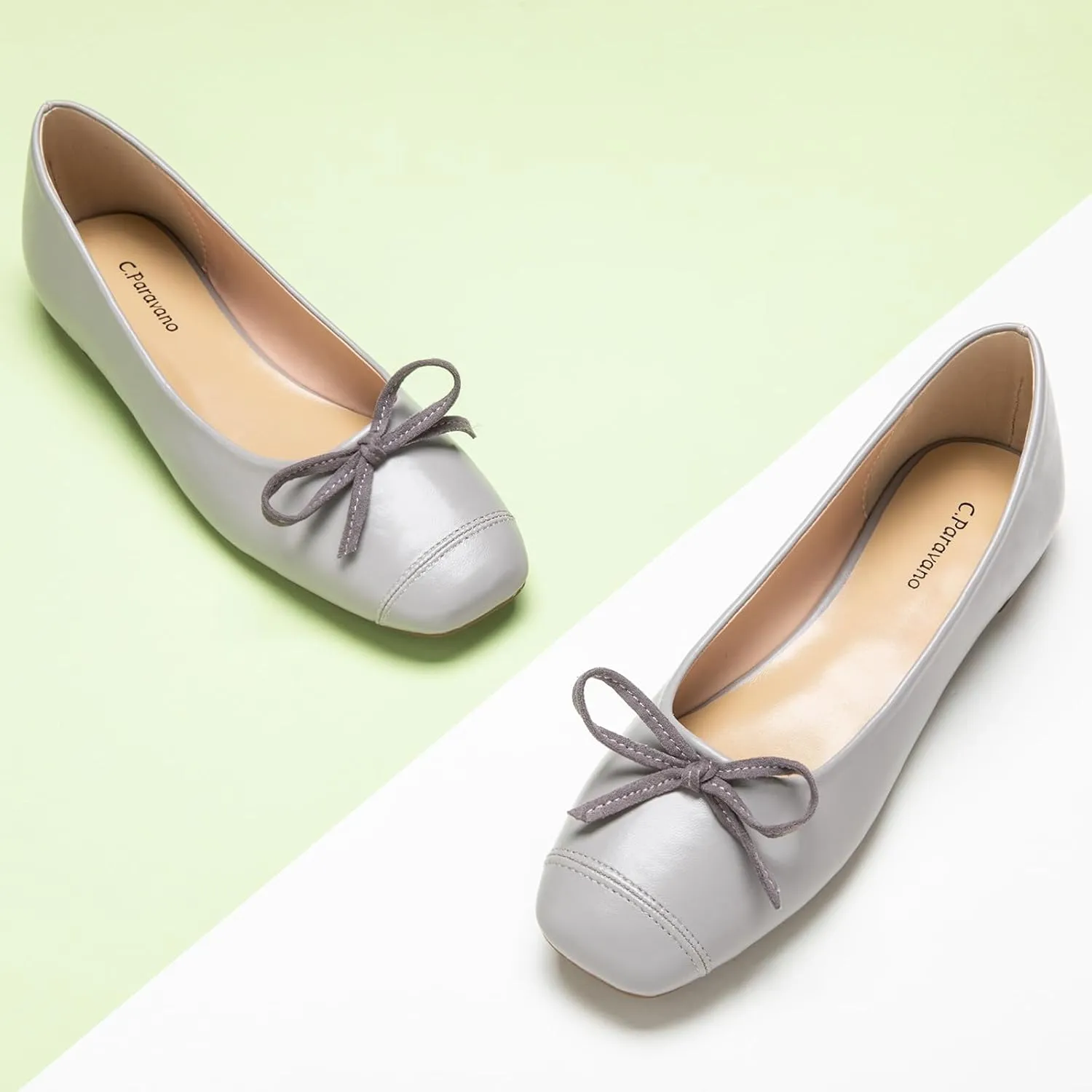 C.Paravano Women's Flats with Bowknot | Casual Slip On Dress Shoes | Comfortable Square Toe Shoes | Women Ballet Flats for Wedding Work Office Business