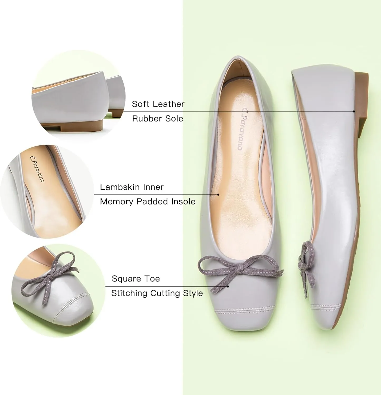 C.Paravano Women's Flats with Bowknot | Casual Slip On Dress Shoes | Comfortable Square Toe Shoes | Women Ballet Flats for Wedding Work Office Business