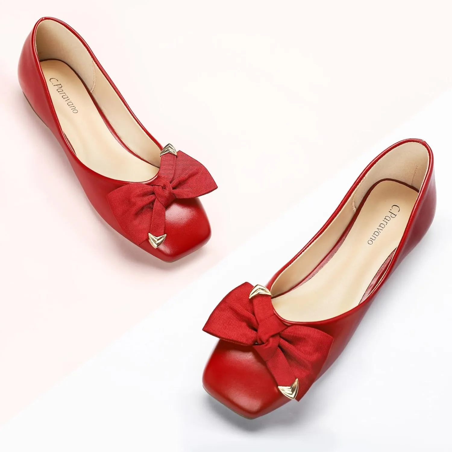C.Paravano Women's Flats with Metallic Bow | Casual Square Toe Ballet Flats | Comfortable Slip On Shoes | Women Dressy Shoes for Walking Wedding Work Office
