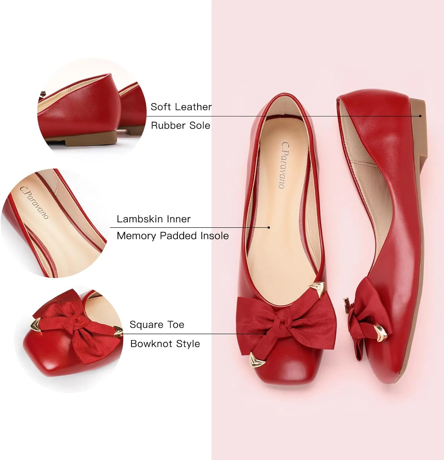 C.Paravano Women's Flats with Metallic Bow | Casual Square Toe Ballet Flats | Comfortable Slip On Shoes | Women Dressy Shoes for Walking Wedding Work Office