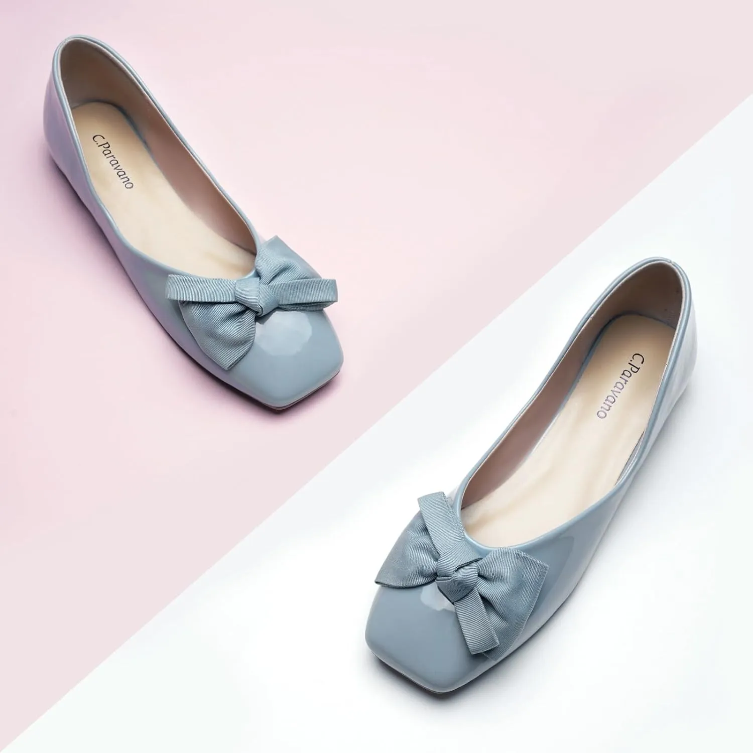C.Paravano Women's Shoes with Bow | Casual Slip On Ballet Flats | Comfortable Square Toe Walking Shoes | Women Dressy Flats for Wedding Work Business Office